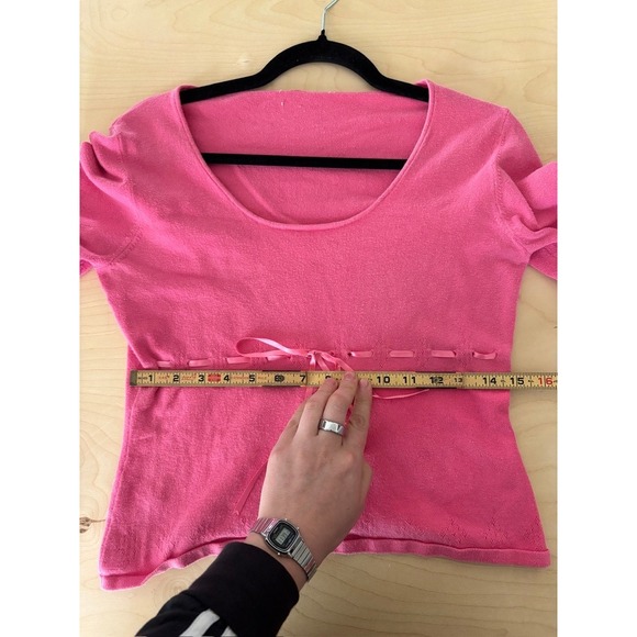 Balletcore Ribbon Tie Knit Sweater Women Sz M Pink Coquette Empire Waist Ruffle - Picture 9 of 10